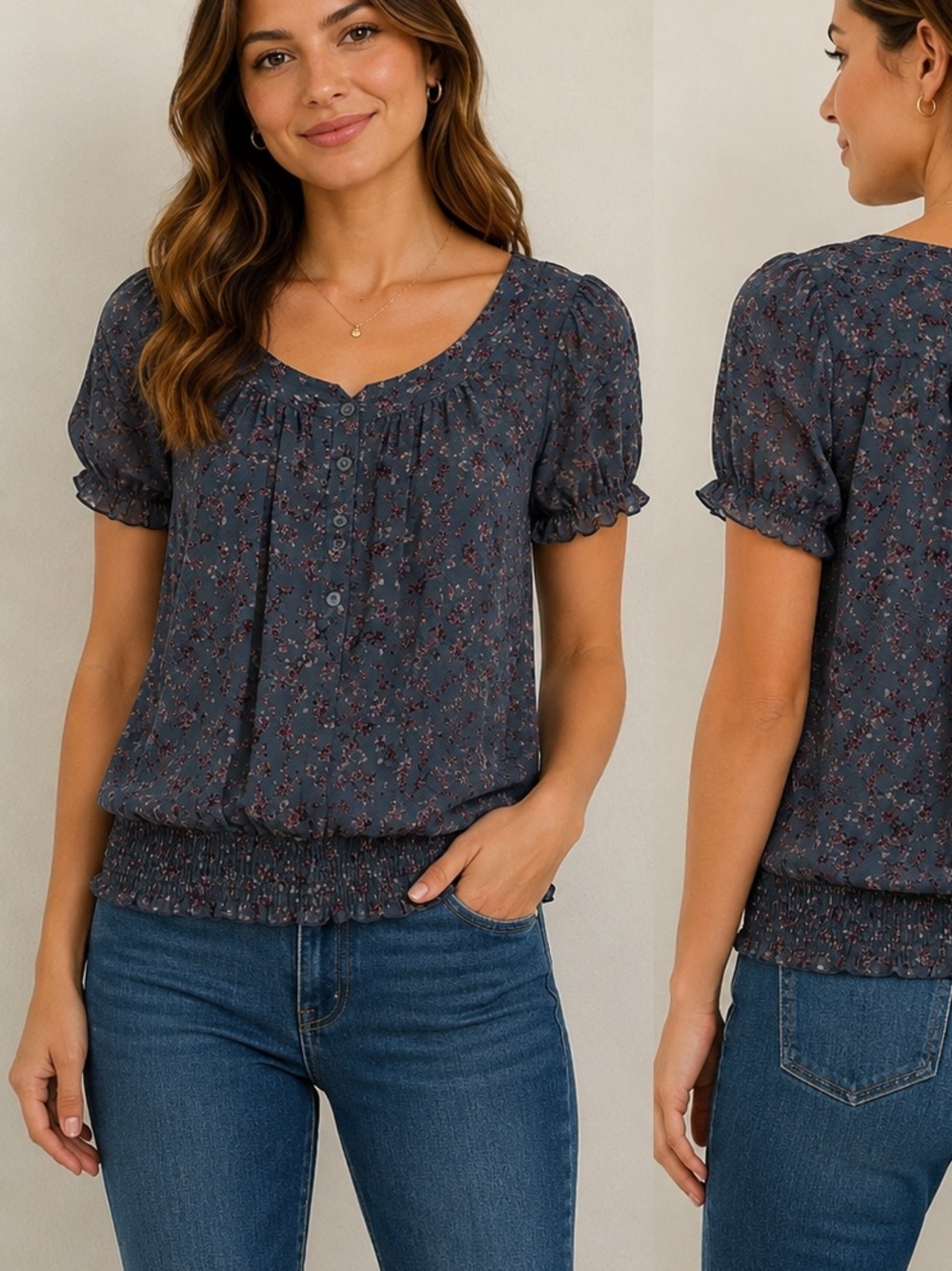 Mossimo Sheer Short Sleeve Gray Floral Top